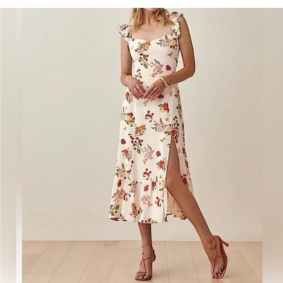 New Reformation Bondi Midi Georgette Side Slit Dress Ivory Size 4 - Picture 4 of 14